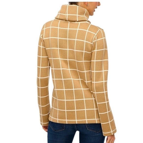 J. Crew Windowpane Fleece Lined Funnelneck Pullover Sweater Camel Tan Size M - Picture 3 of 11